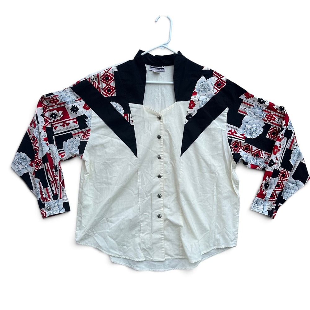 Vintage Panhandle Slim Western Shirt Mens XLWhite Red Rose Aztec USA Made